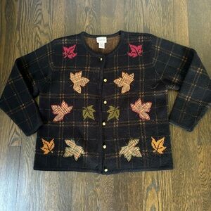 Crystal Kobe Autumn Cardigan Womens Large Brown Knit Sweater Leaves Autumn